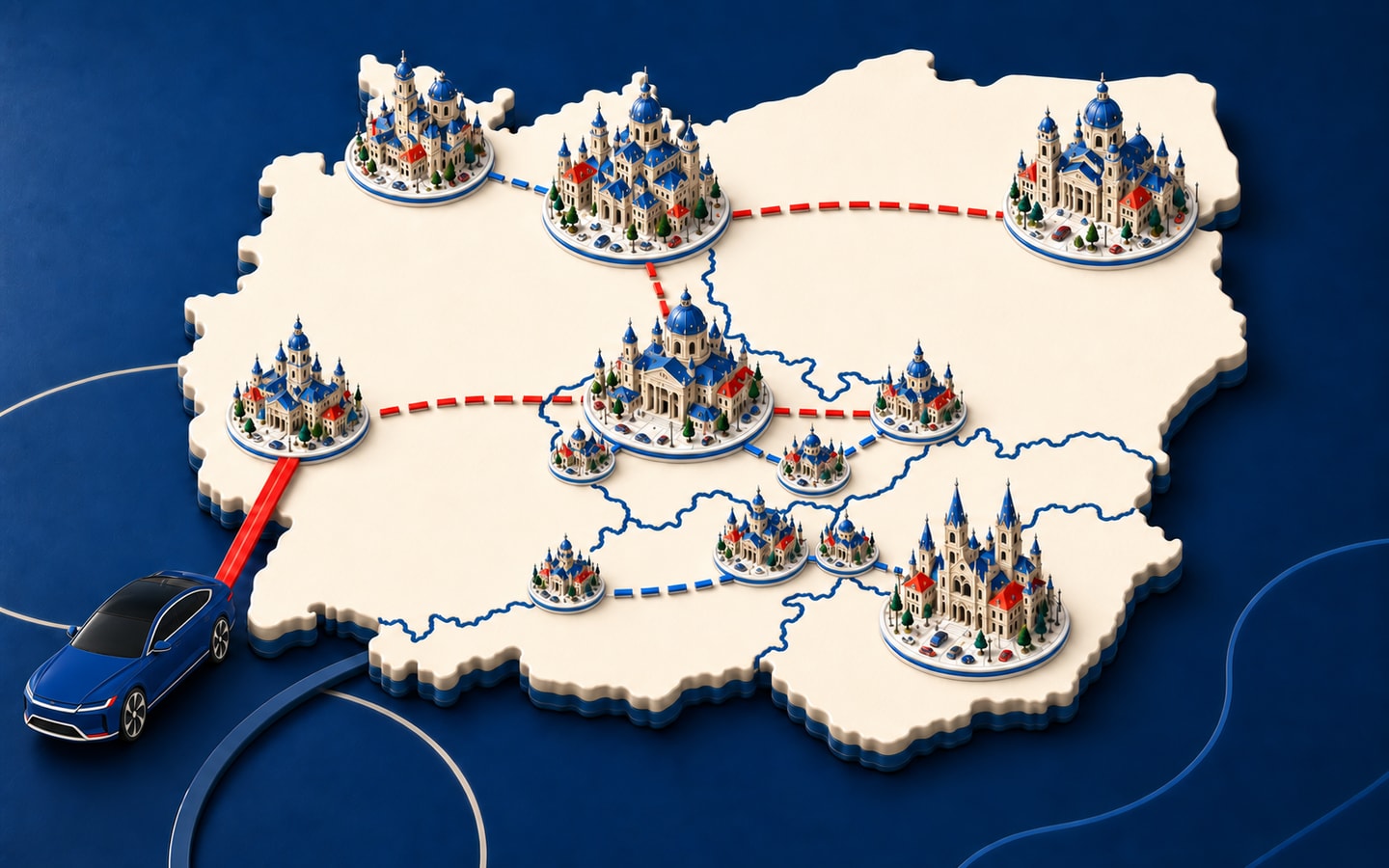 Ilustrační mapa střední Evropy s hranicemi států, hlavními městskými uzly a připravovanými lokalitami Weyo