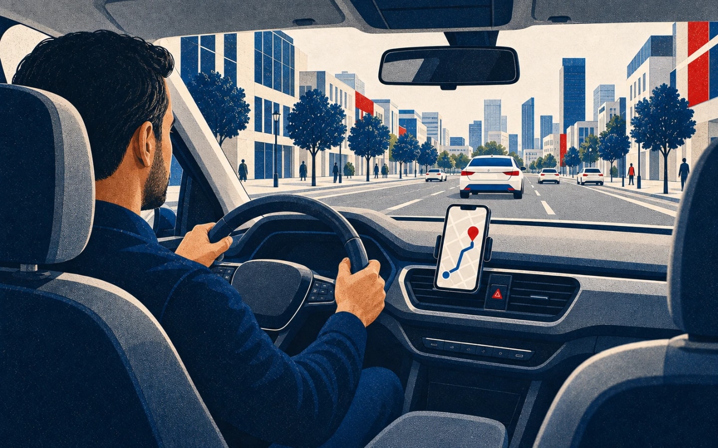 Ilustrační scéna řidiče za volantem s řidičskou aplikací a městskou trasou před vozem