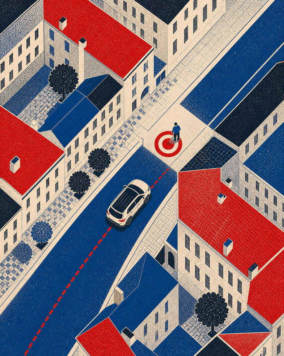 Ilustrace příjezdu vozu k bodu vyzvednutí v pražské ulici