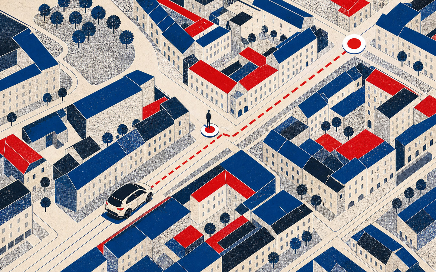 Ilustrační pohled shora na vůz přijíždějící k označenému místu vyzvednutí v městské ulici